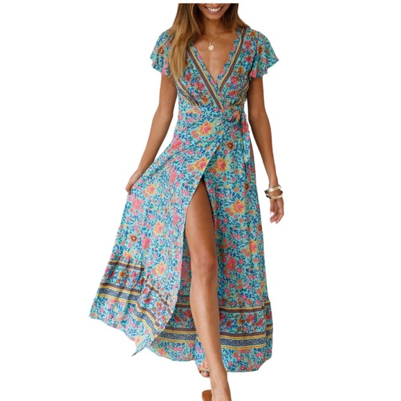 Hello Molly Tie Down Maxi Dress in Turquoise - Picture 1 of 10